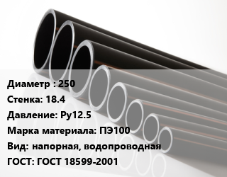 Труба полиэтиленовая 250х18.4 Ру12.5 ПЭ100 напорная, водопроводная ГОСТ: ГОСТ 18599-2001, м, 13.6, Мультиклин,по запросу цена от 2528 Тг / м, где купить, условия доставки в Петропавловске и Северо-казахстанской области